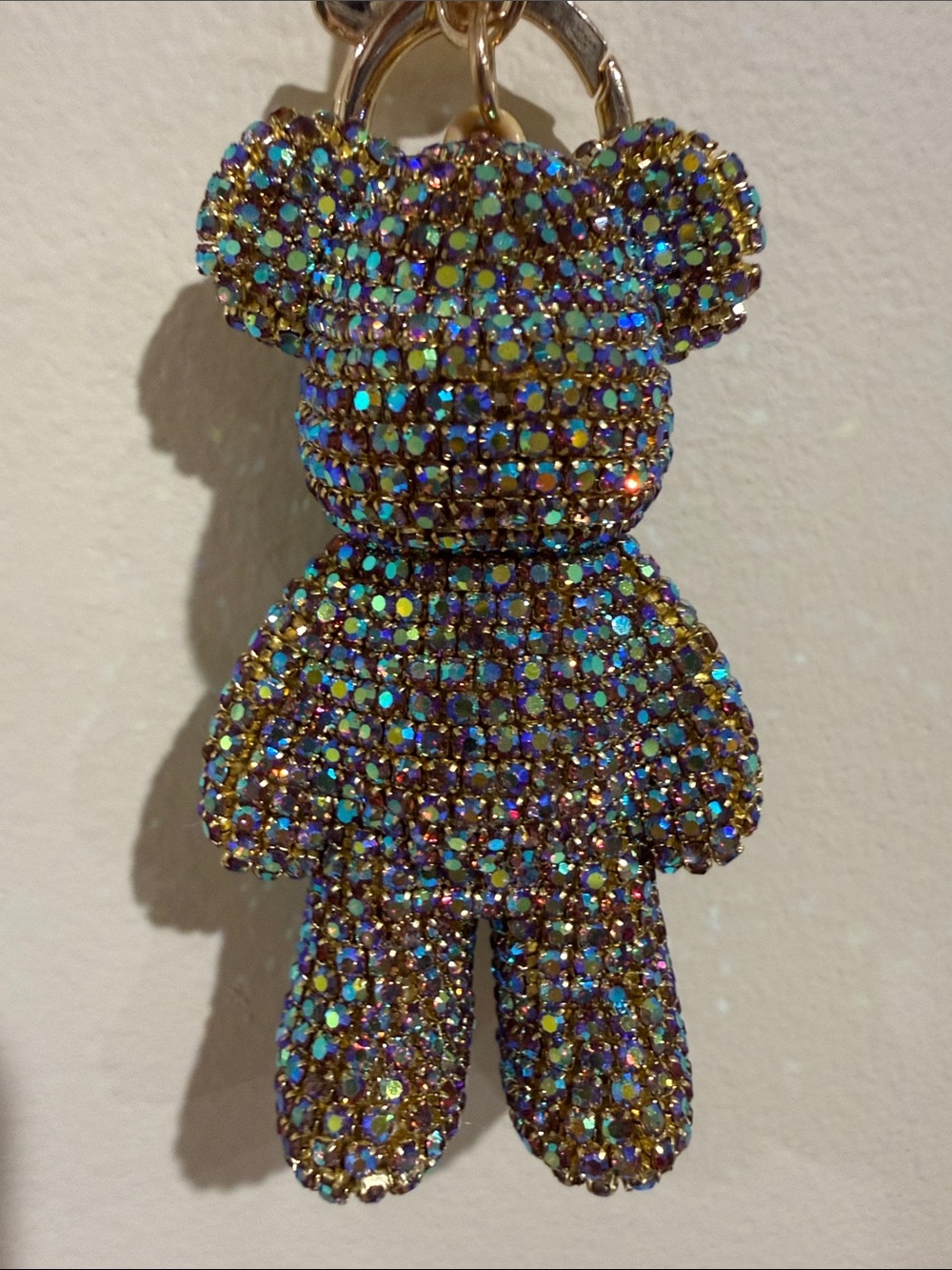 Sparkling Multicolor Teddy Bear Keychain Charm with Gold Hardware